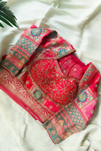 Pink Tissue Silk Woven Saree with Full Sleeved Handworked Readymade Blouse
