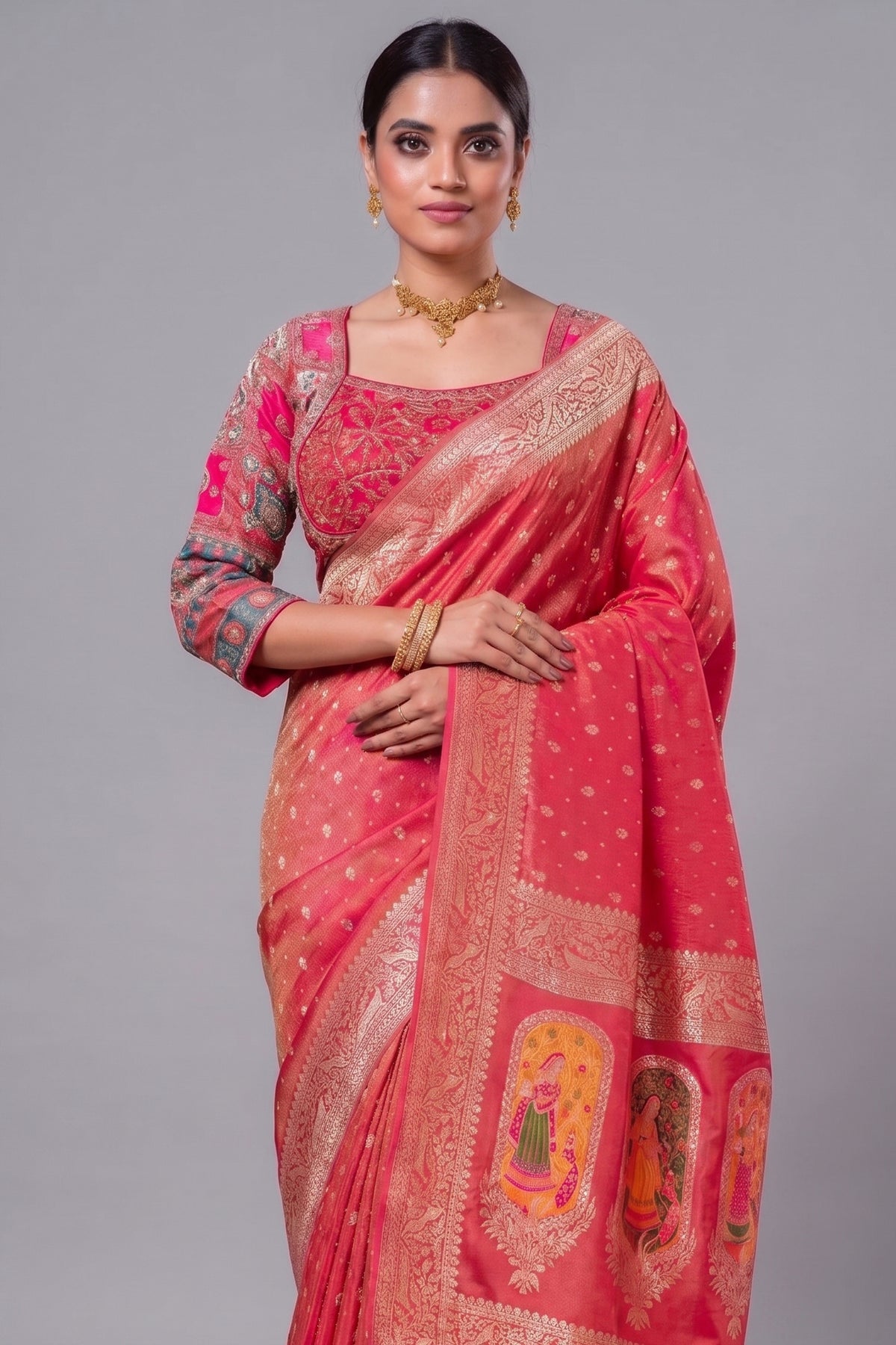 Pink Tissue Silk Woven Saree with Full Sleeved Handworked Readymade Blouse