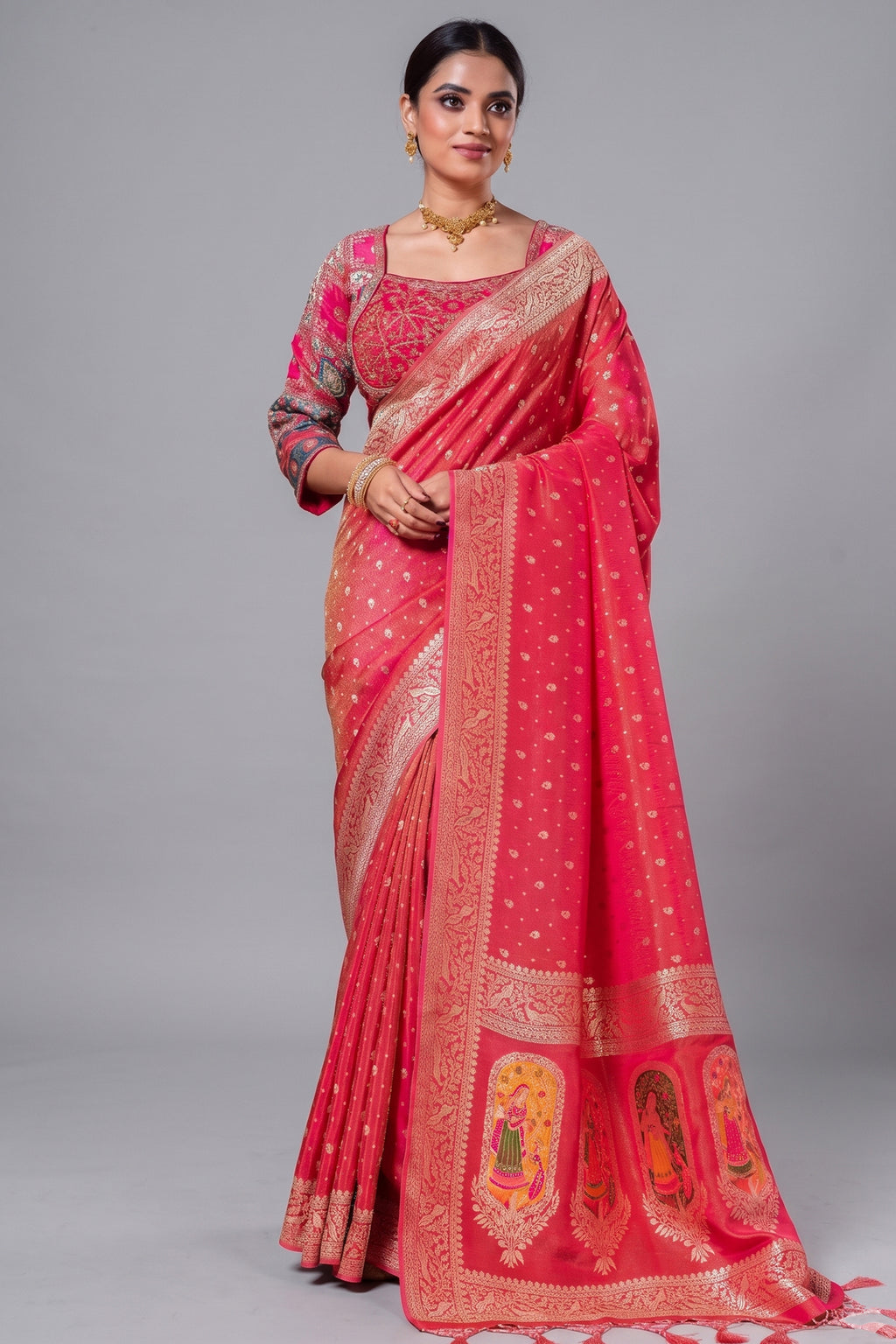 Pink Tissue Silk Woven Saree with Full Sleeved Handworked Readymade Blouse