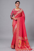 Pink Tissue Silk Woven Saree with Full Sleeved Handworked Readymade Blouse