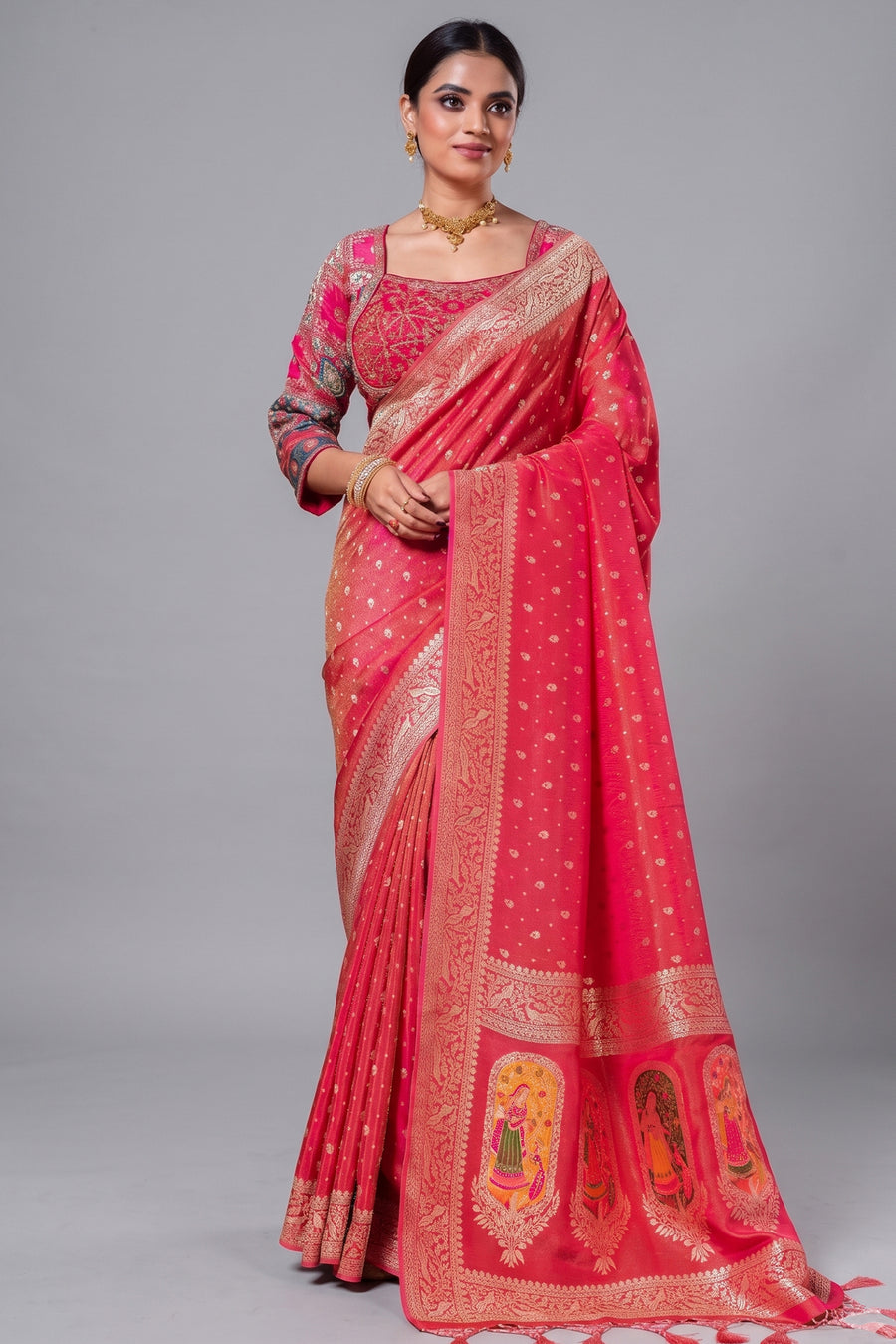 Pink Tissue Silk Woven Saree with Full Sleeved Handworked Readymade Blouse