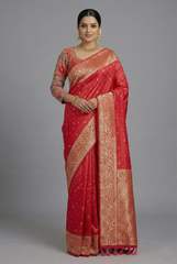 Pink Tissue Silk Woven Saree with Full Sleeved Handworked Readymade Blouse