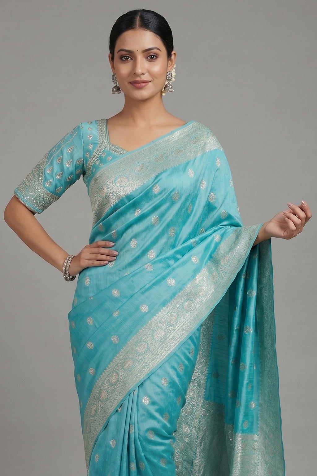 Light Blue Dola Silk Woven Saree with Handworked Readymade Blouse