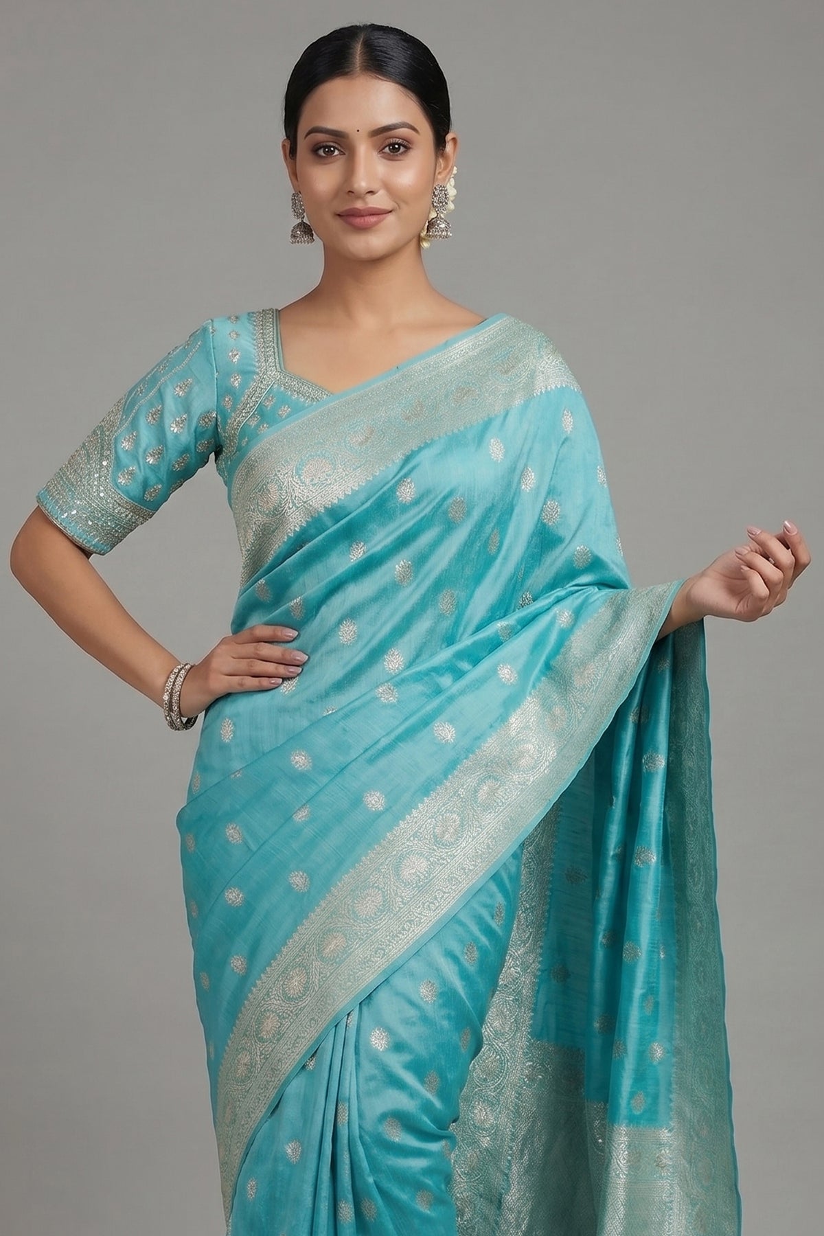 Light Blue Dola Silk Woven Saree with Handworked Readymade Blouse