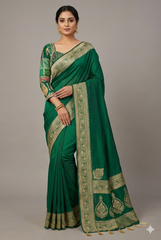 Green Dola Silk Saree with Full Sleeved Readymade Handworked Blouse