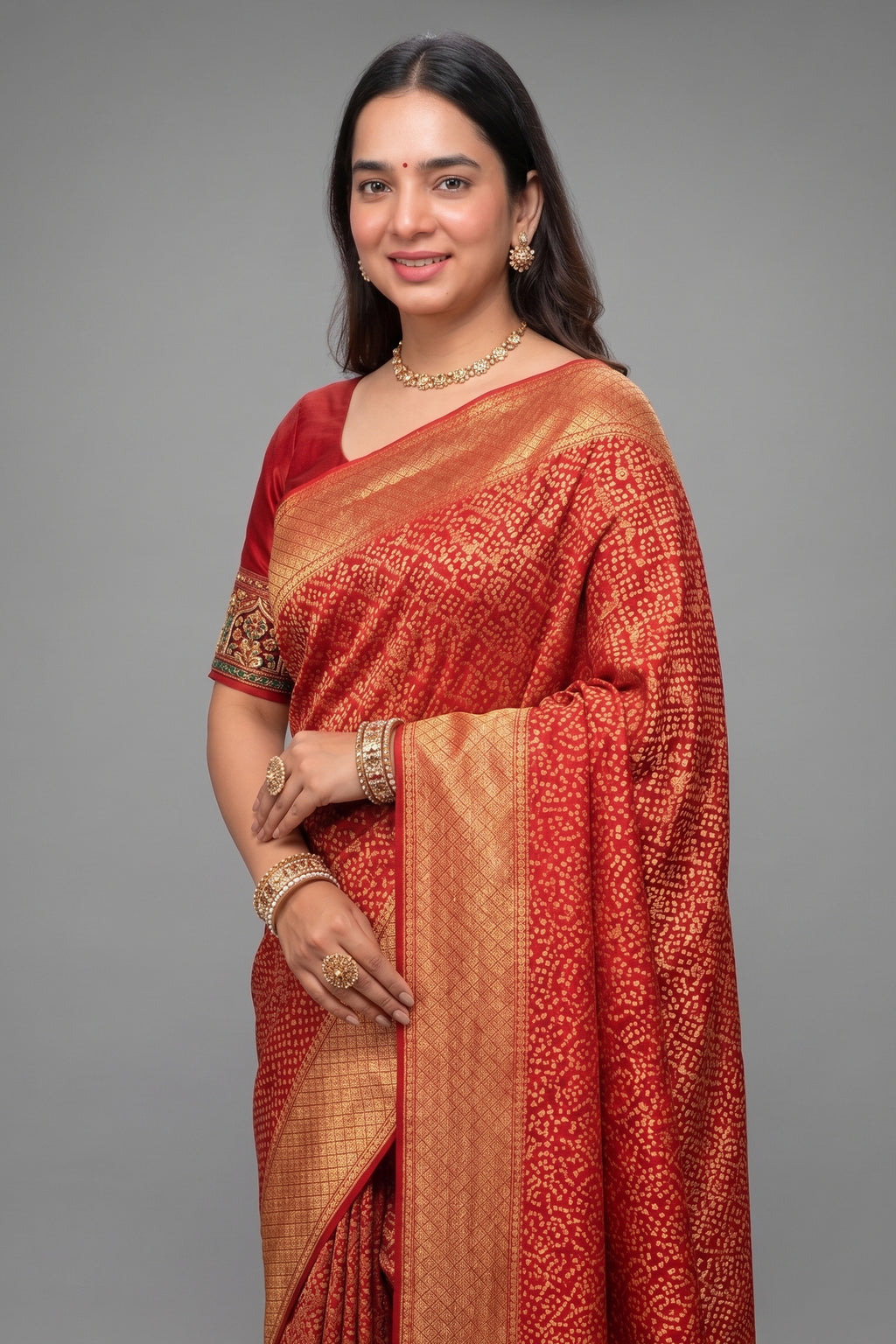 Maroon Georgette Bandhej Saree with Real Zari Kadva Weaving