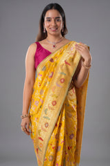 Yellow Banarasi Silk Real Zari Kadva Woven Saree