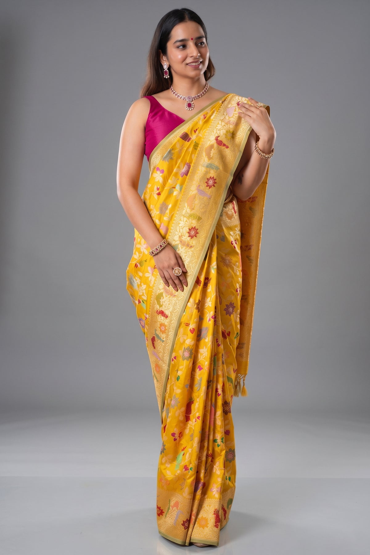 Yellow Banarasi Silk Real Zari Kadva Woven Saree