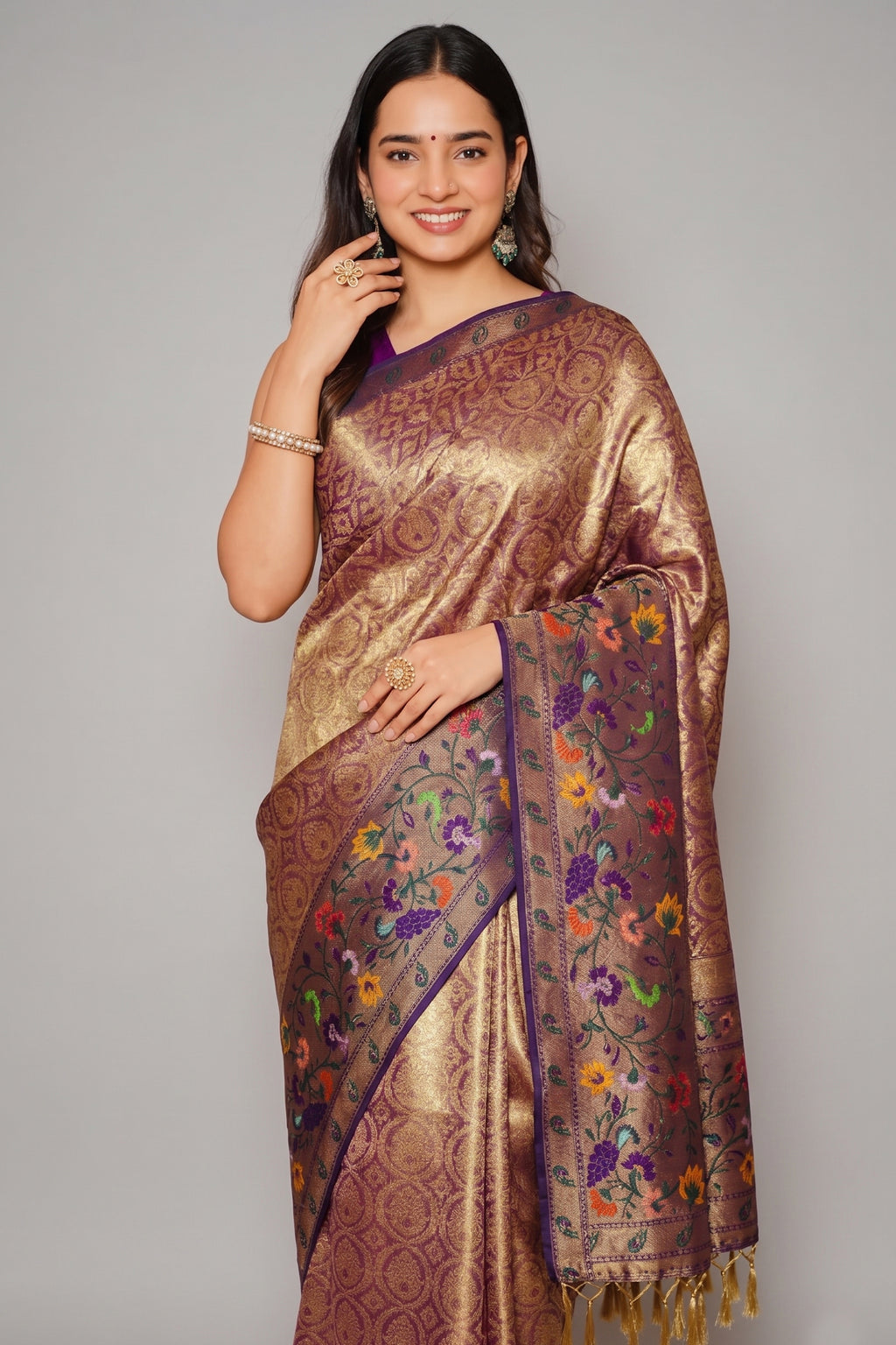 Golden and Purple Tissue Silk Woven Saree with Paithani Border and Pallu