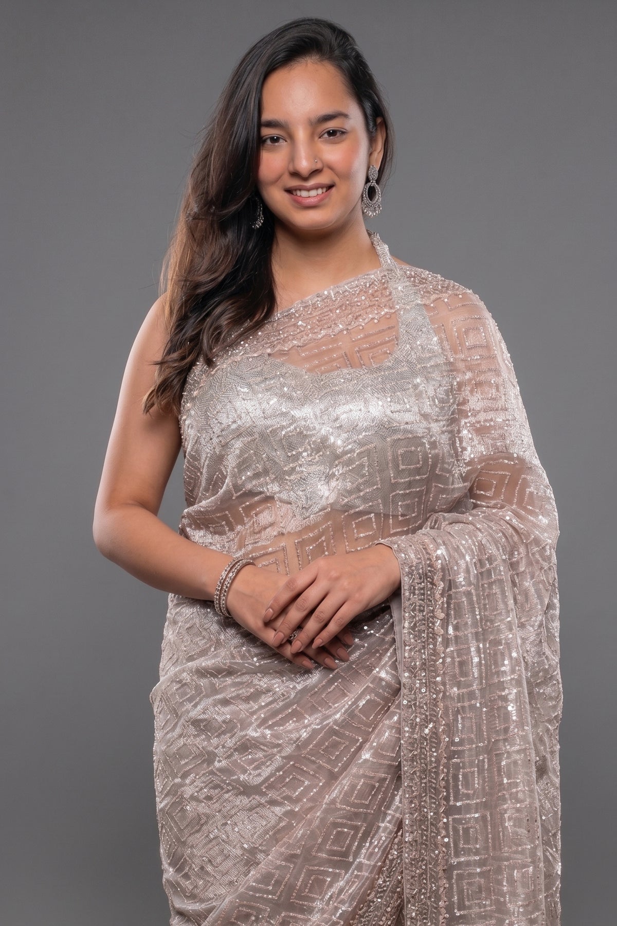 Peach Tissue Organza Sequin Cutdana Worked Designer Saree