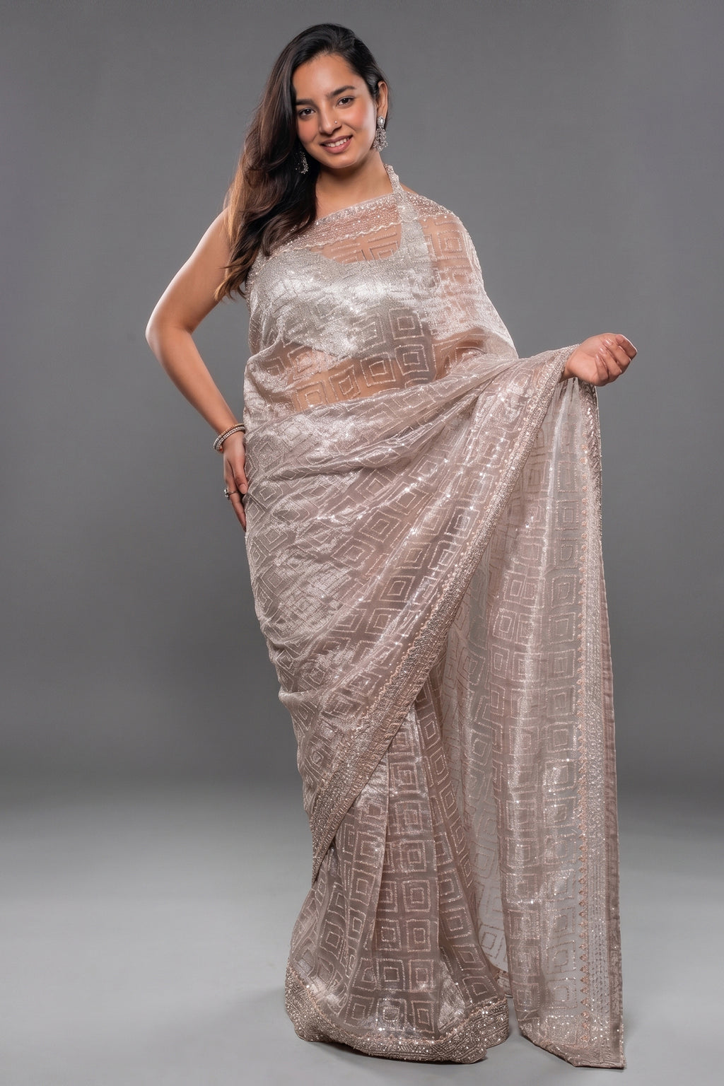 Peach Tissue Organza Sequin Cutdana Worked Designer Saree
