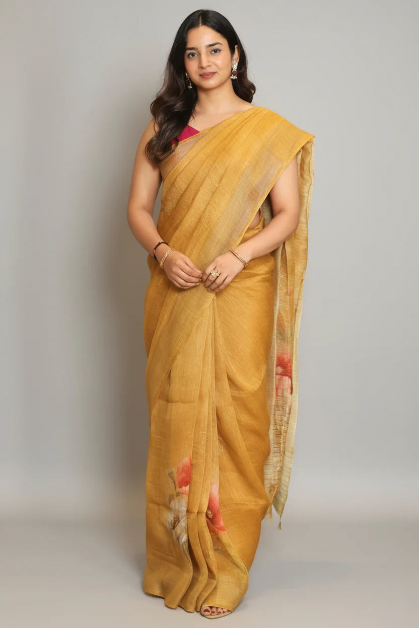 Yellow Linen Floral Printed Saree