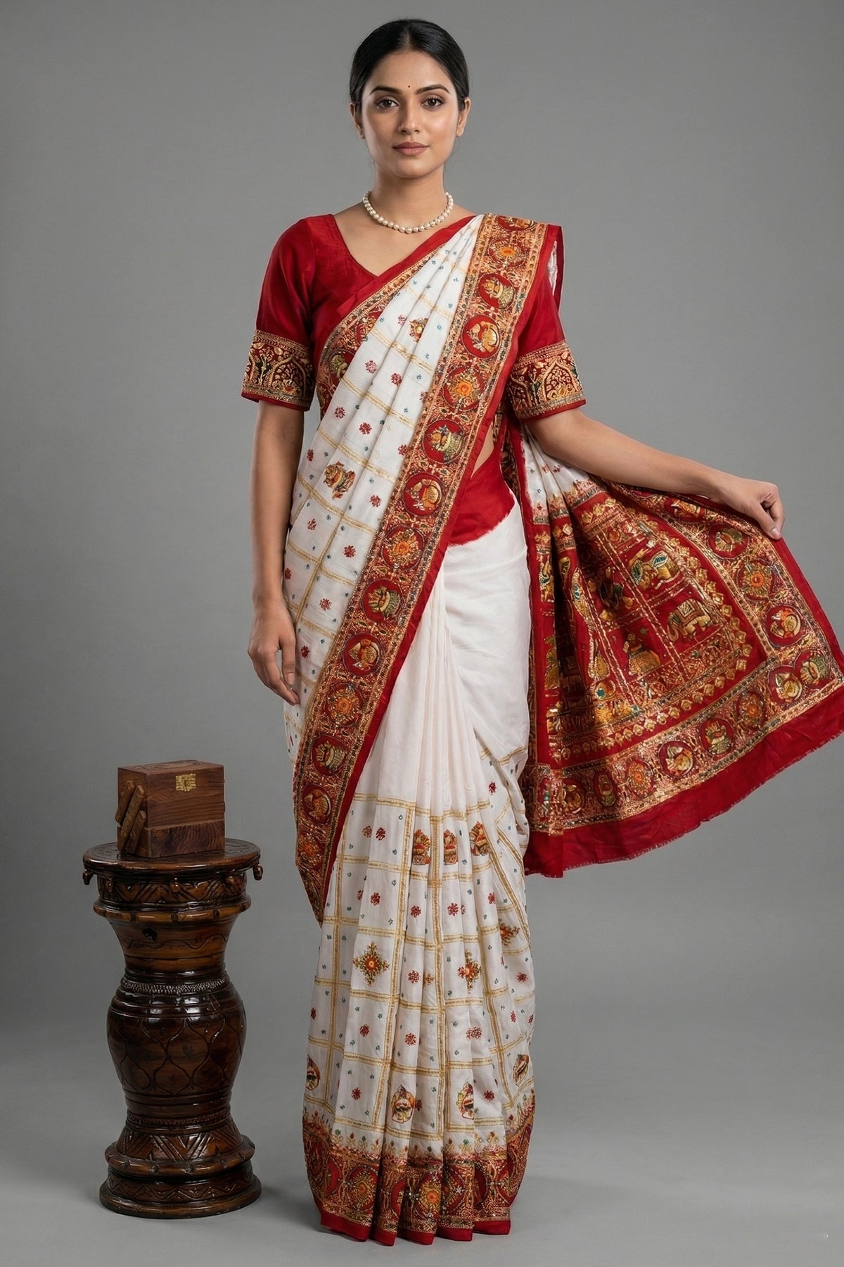 Pearl White Gaji Silk Bridal Panetar Saree with Embroidery