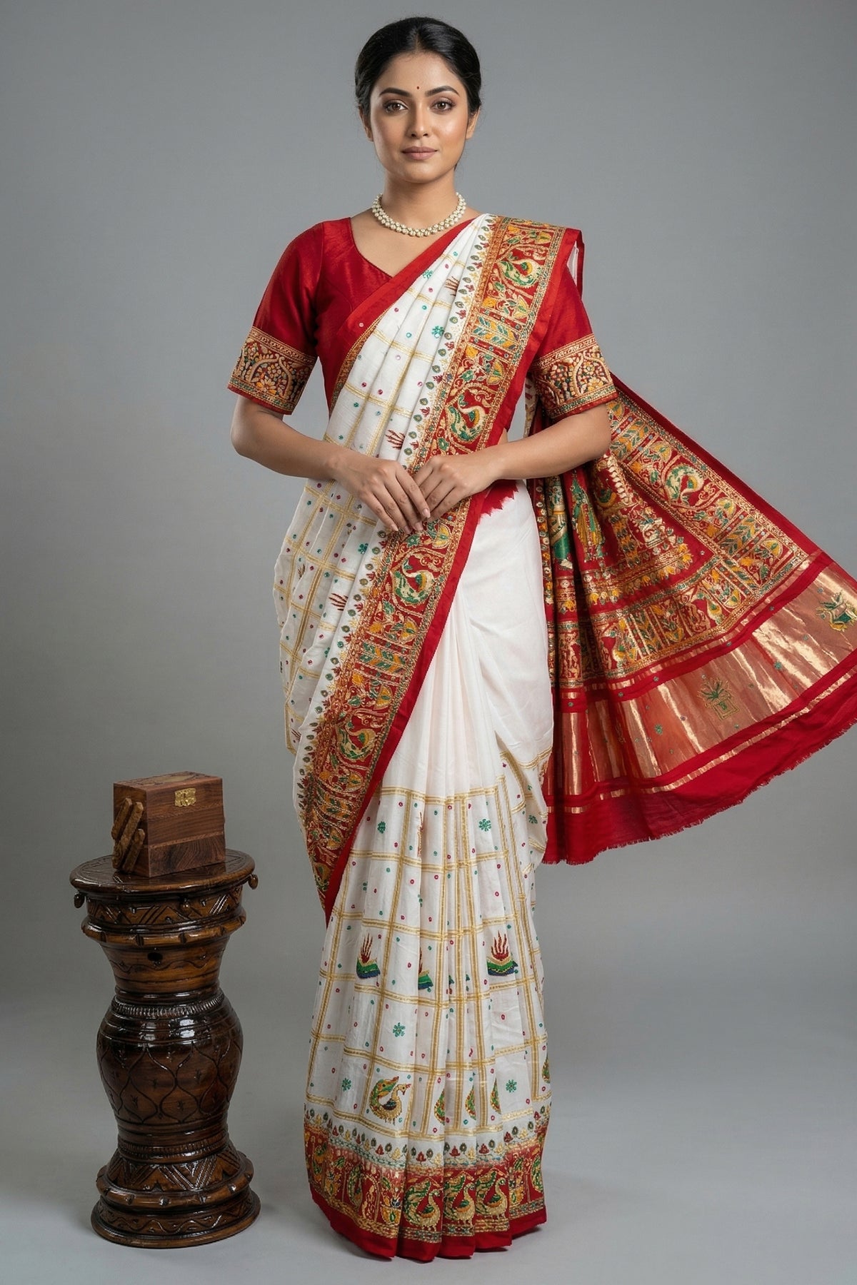 Pearl White Gaji Silk Bridal Panetar Saree with Embroidery