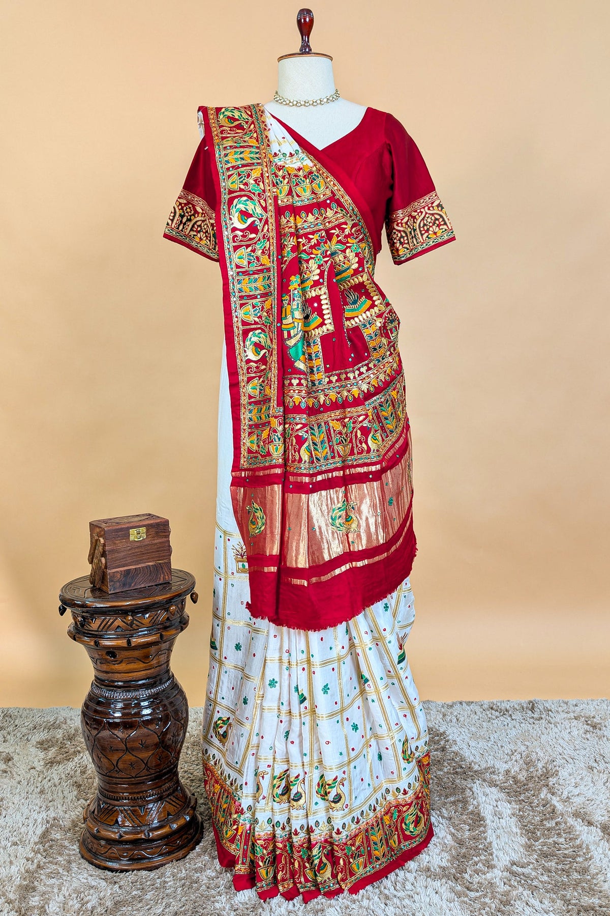 Pearl White Gaji Silk Bridal Panetar Saree with Embroidery