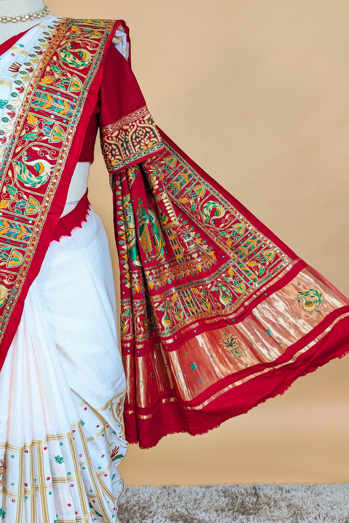 Pearl White Gaji Silk Bridal Panetar Saree with Embroidery