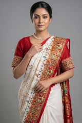 Pearl White Gaji Silk Bridal Panetar Saree with Embroidery