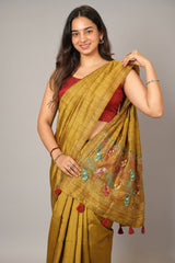 Olive Green Cotton Silk Thread Embroidered Saree