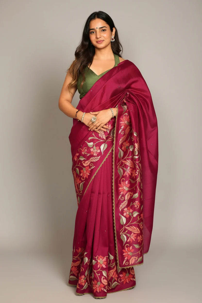 Wine Purple Cotton Silk Floral Thread Embroidered Saree