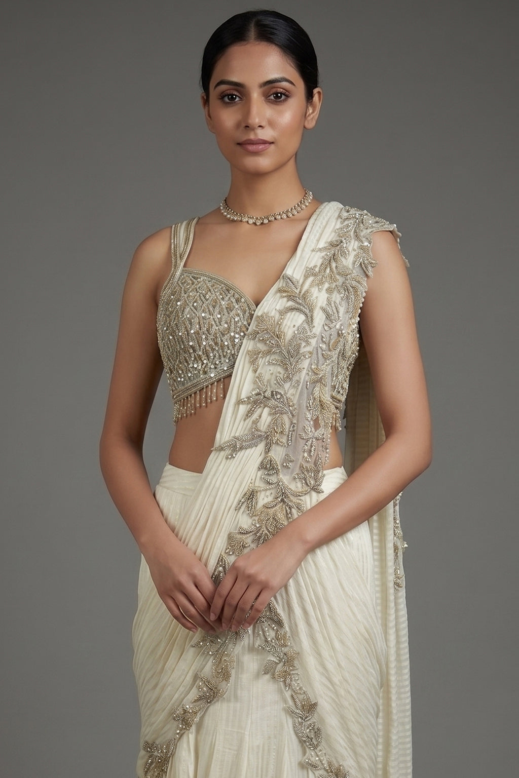 Pearl White Imported Layered Fish Cut Pre Draped Lehenga Saree