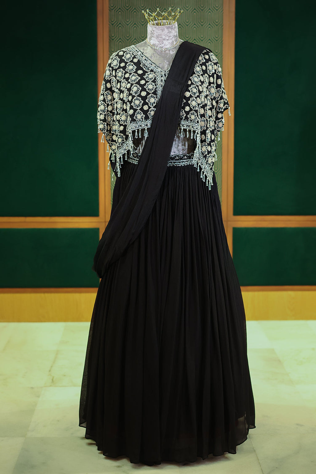 Black Chinon Silk Pre Drape Lehenga Saree with Sequin Cutdana Worked Poncho Cape