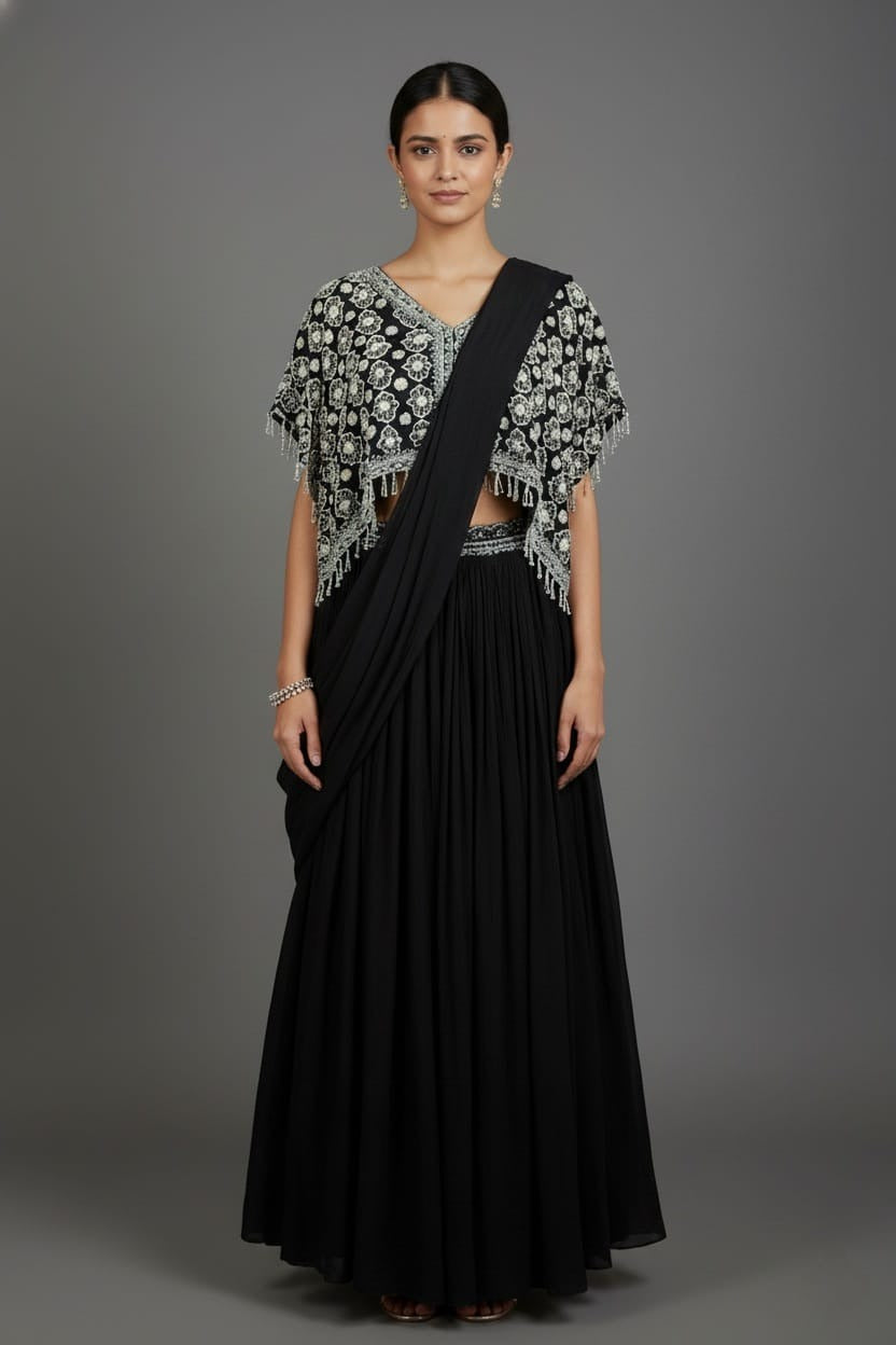 Black Chinon Silk Pre Drape Lehenga Saree with Sequin Cutdana Worked Poncho Cape