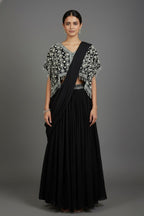 Black Chinon Silk Pre Drape Lehenga Saree with Sequin Cutdana Worked Poncho Cape