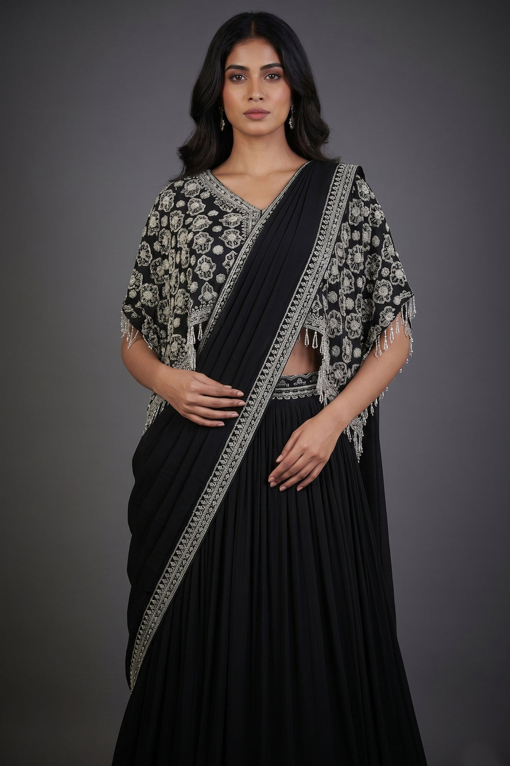 Black Chinon Silk Pre Drape Lehenga Saree with Sequin Cutdana Worked Poncho Cape