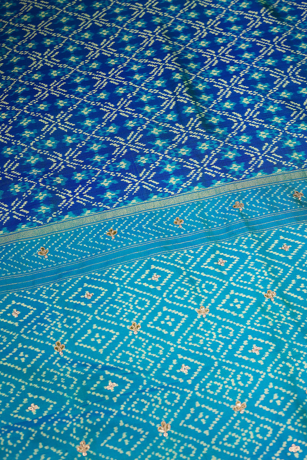 Turquoise Blue Silk Patola Saree with Zardosi Sequin Worked Scallop Border