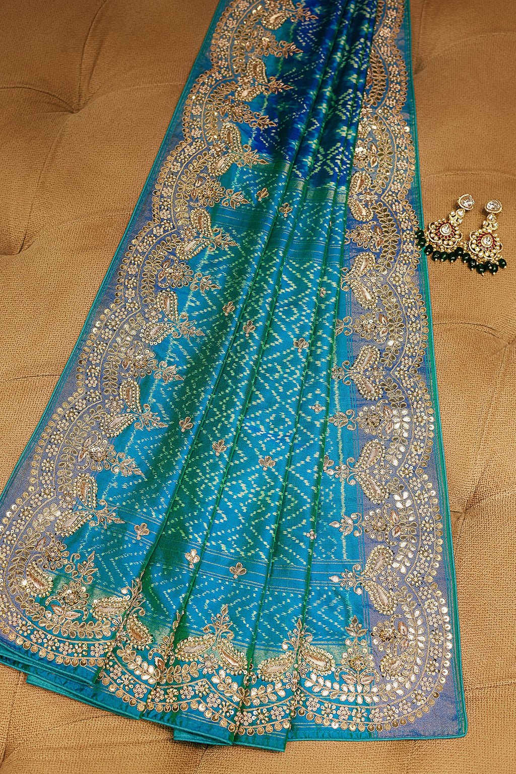 Turquoise Blue Silk Patola Saree with Zardosi Sequin Worked Scallop Border