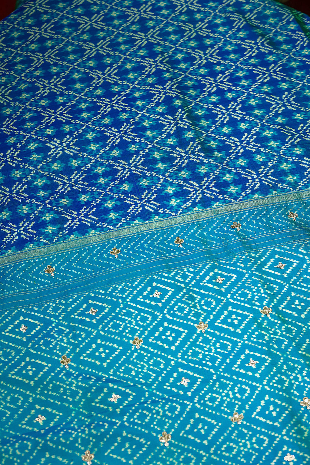 Turquoise Blue Silk Patola Saree with Zardosi Sequin Worked Scallop Border