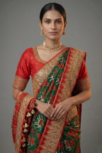 Green and Red Silk Traditional Patola Saree with Zardosi and Beads Work