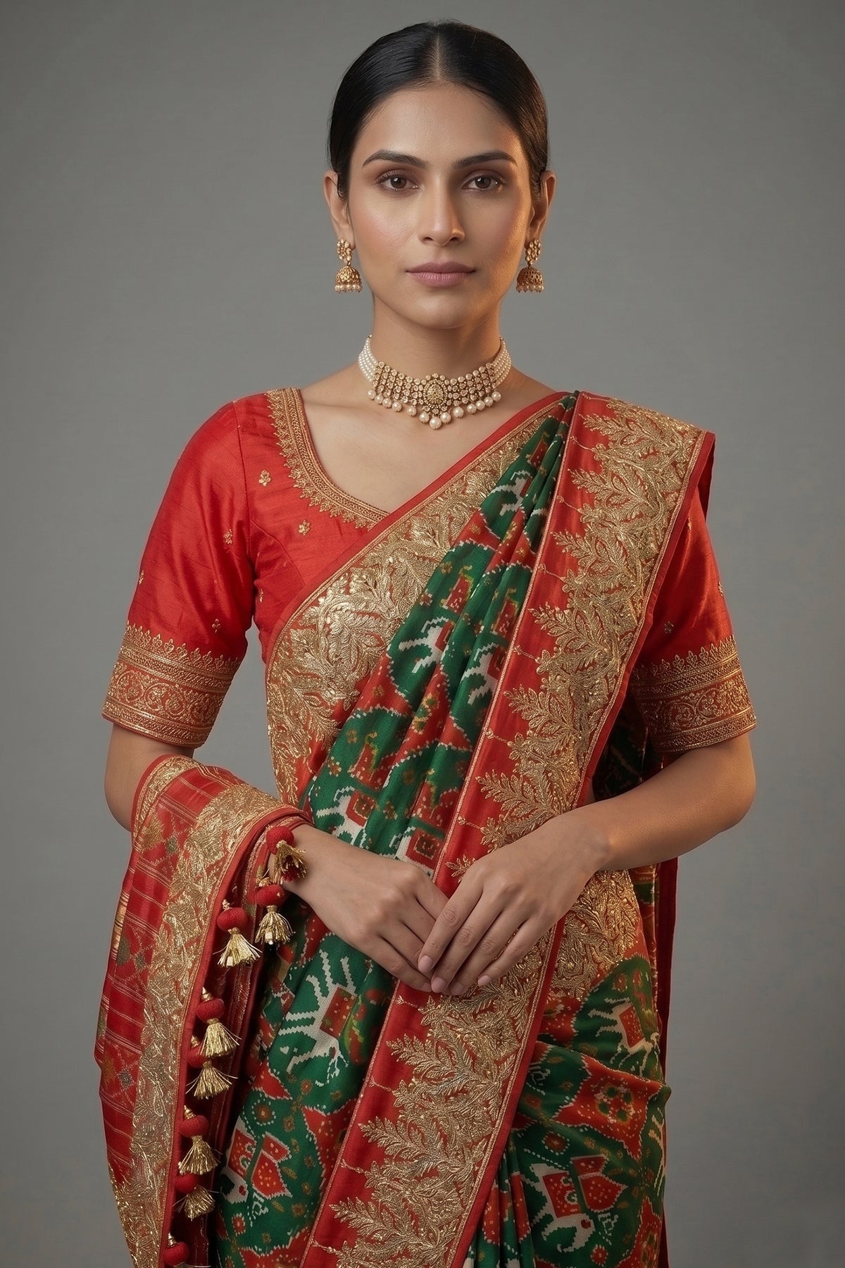Green and Red Silk Traditional Patola Saree with Zardosi and Beads Work