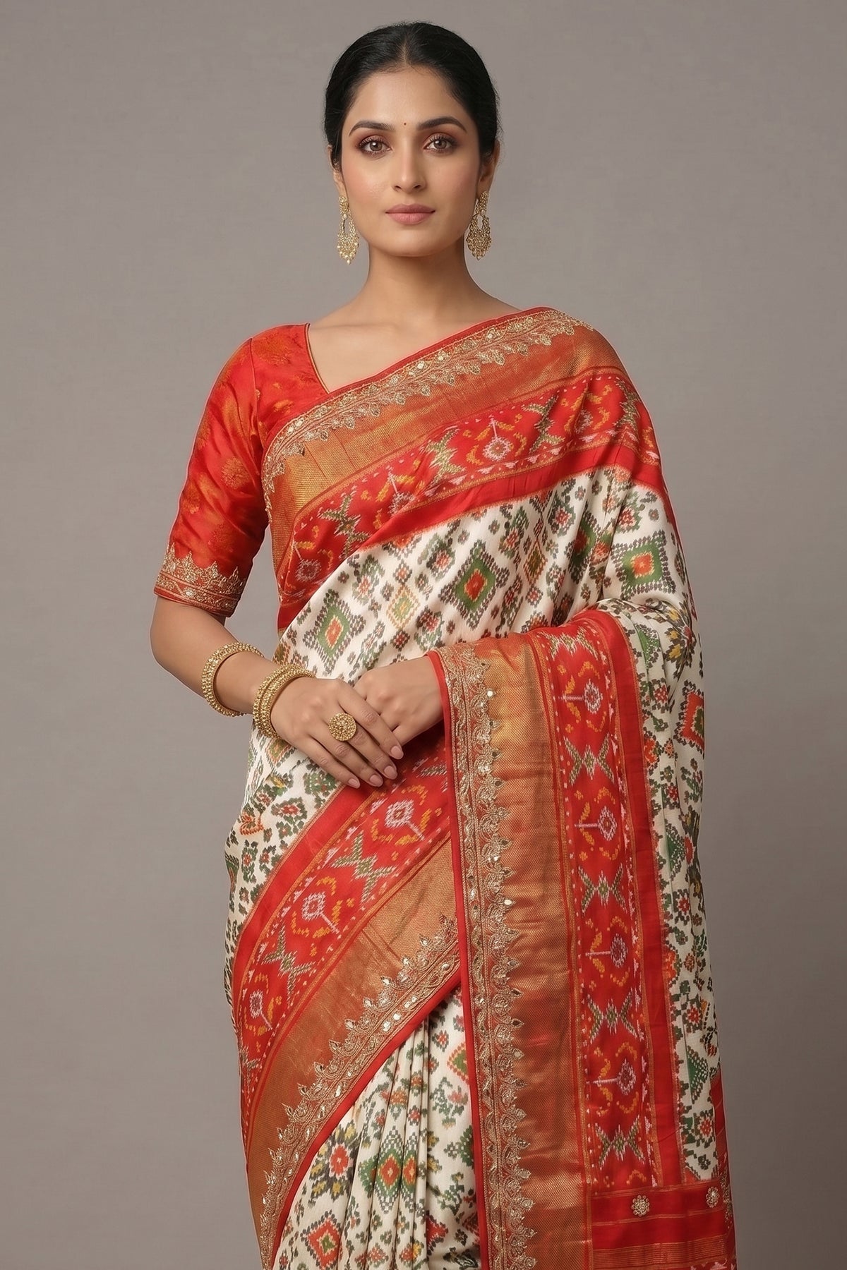Off White Silk Traditional Patola Saree with Gota Work