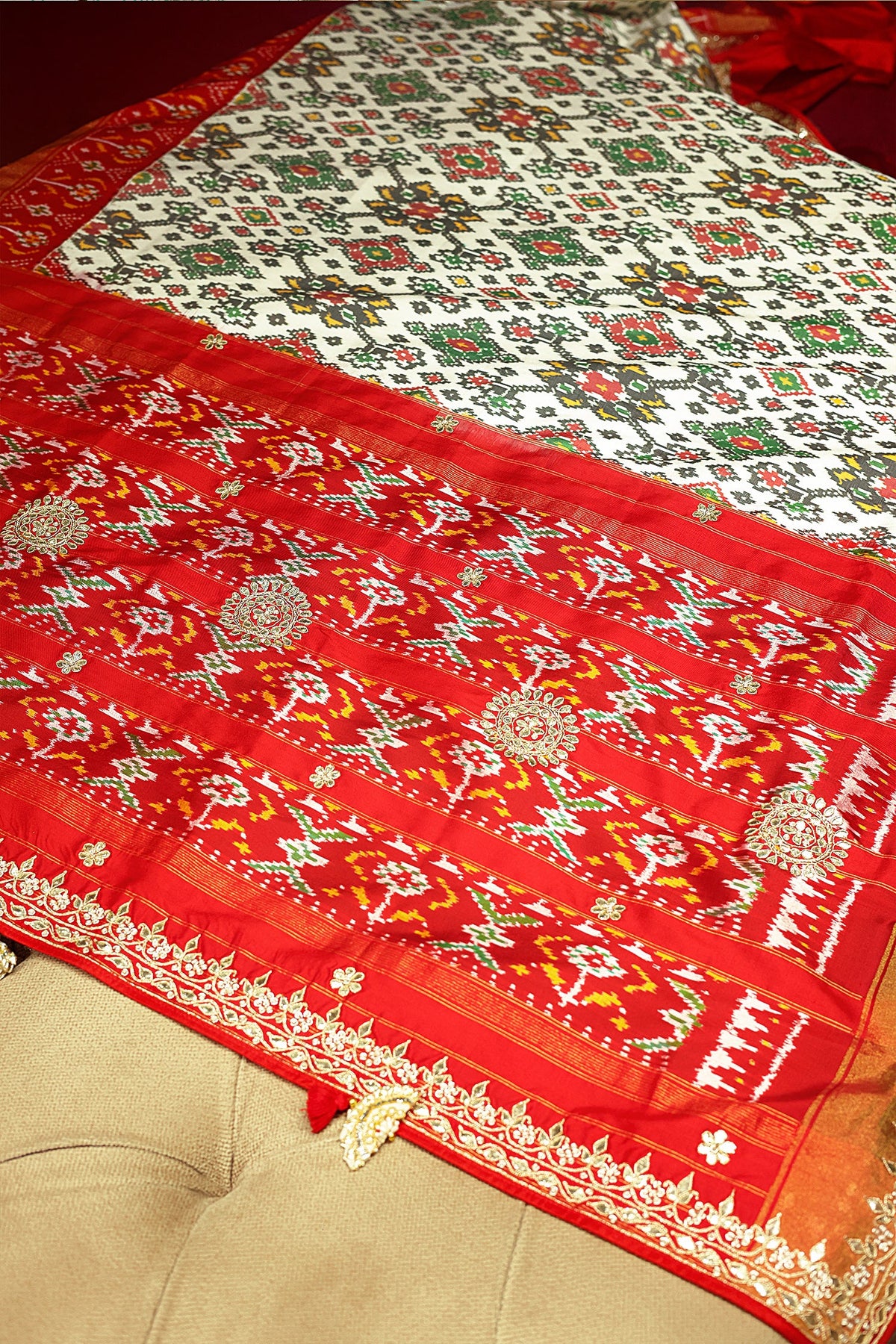 Off White Silk Traditional Patola Saree with Gota Work