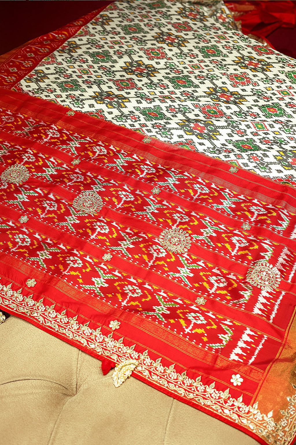 Off White Silk Traditional Patola Saree with Gota Work