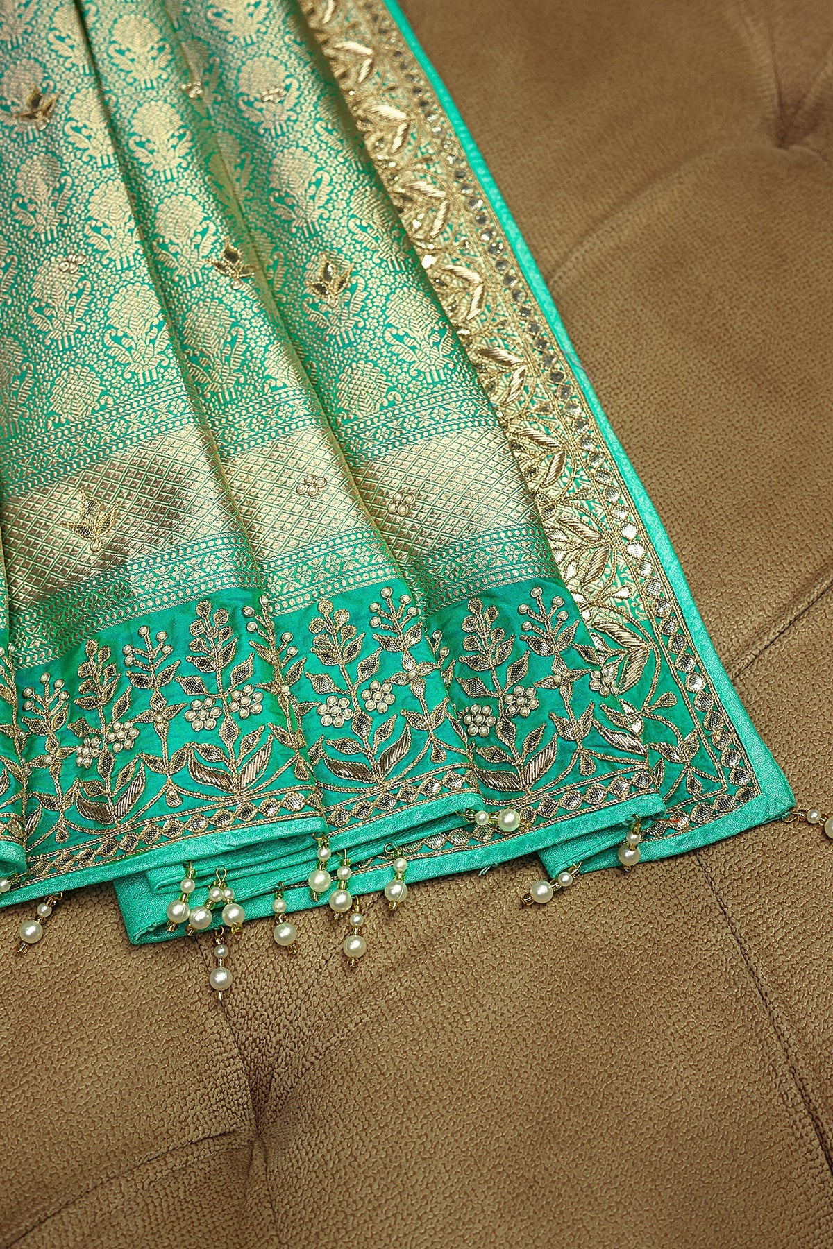 Sea Green Banarasi Silk Traditional Floral Woven Saree with Gota Beads Work