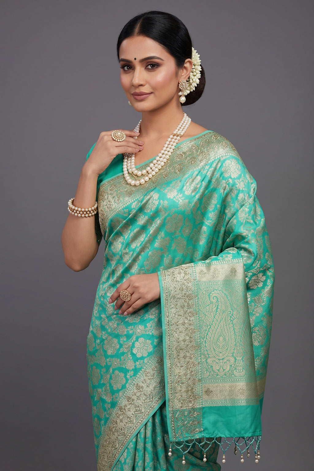 Sea Green Banarasi Silk Traditional Floral Woven Saree with Gota Beads Work