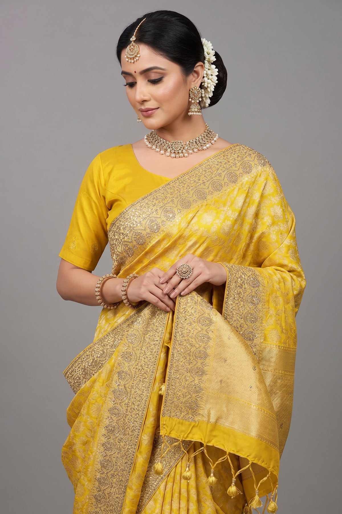 Yellow Banarasi Silk Traditional Woven Saree with Zardosi Gota Work