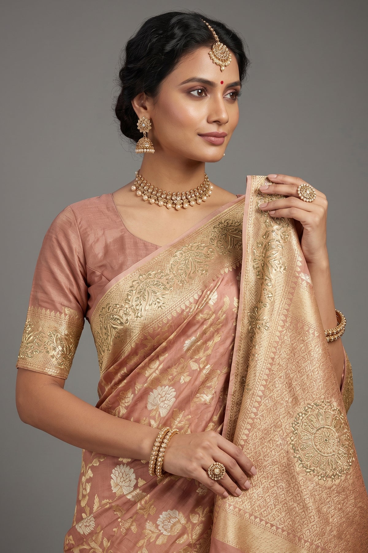 Dusty Peach Banarasi Silk Floral Woven Saree with Gota and Beads Work