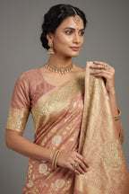 Dusty Peach Banarasi Silk Floral Woven Saree with Gota and Beads Work
