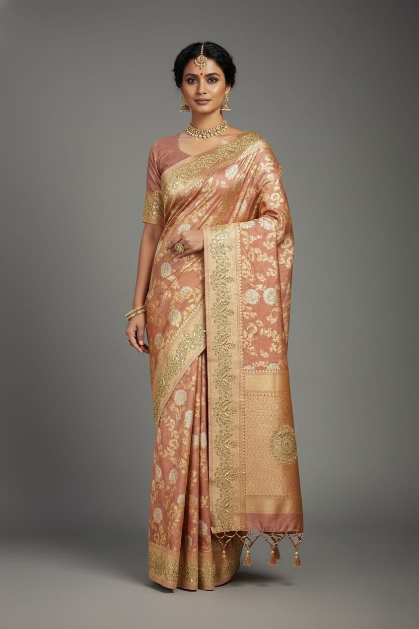 Dusty Peach Banarasi Silk Floral Woven Saree with Gota and Beads Work