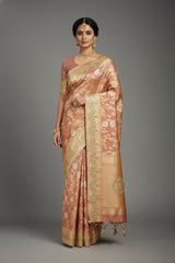 Dusty Peach Banarasi Silk Floral Woven Saree with Gota and Beads Work