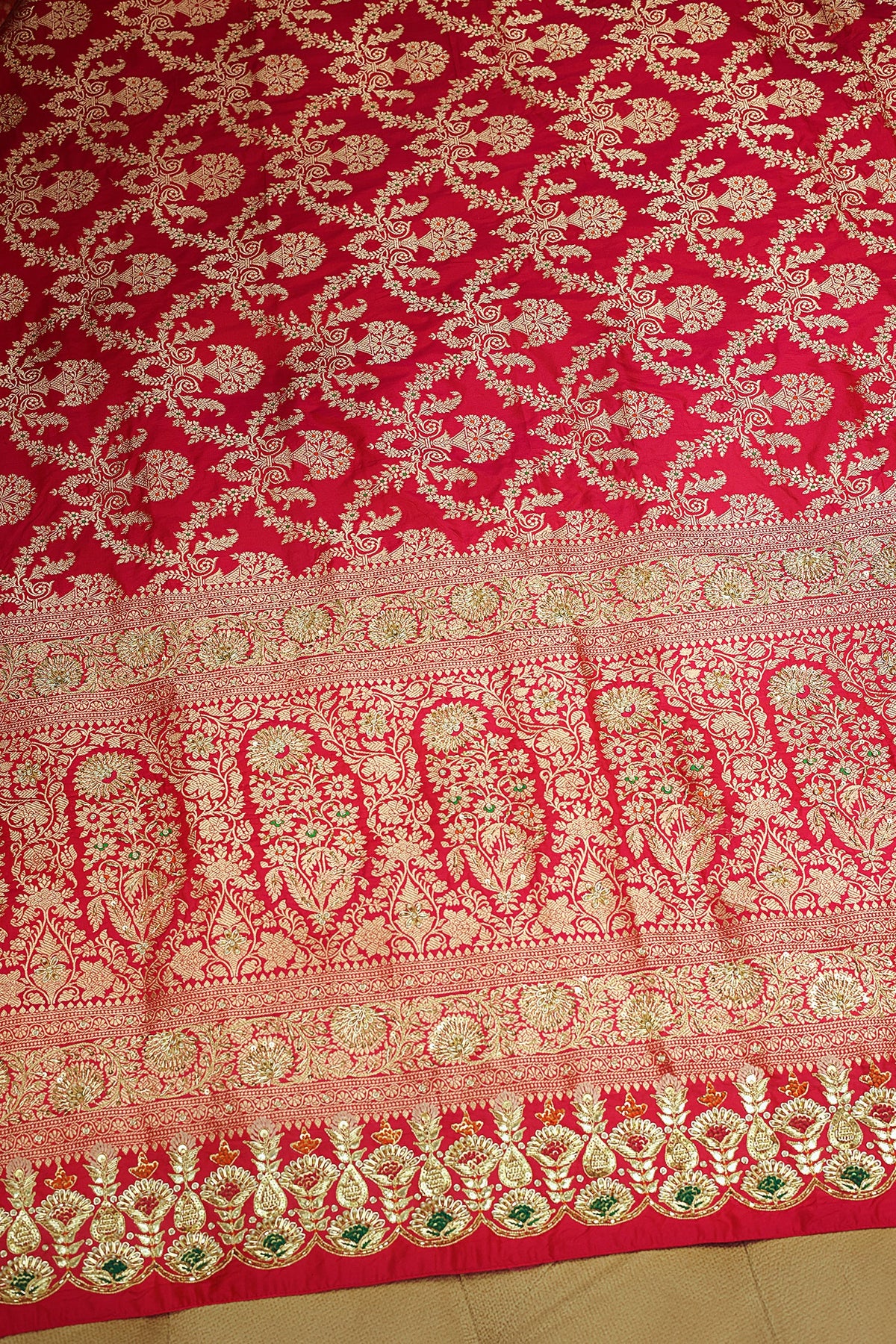 Rani Pink Banarasi Silk All Over Woven Saree with Handwork