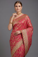 Rani Pink Banarasi Silk All Over Woven Saree with Handwork