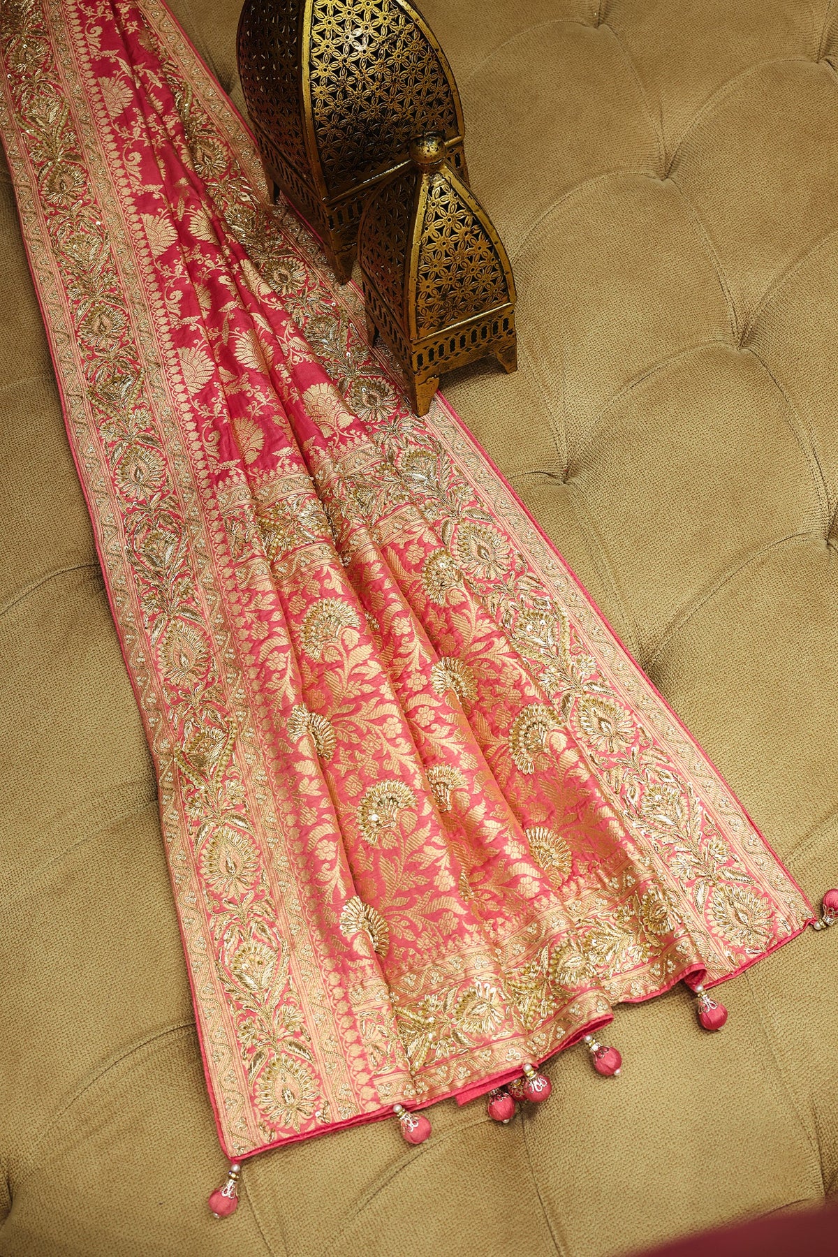 Rose Pink Banarasi Silk Traditional Floral Woven Saree with Beads and Zardosi Work