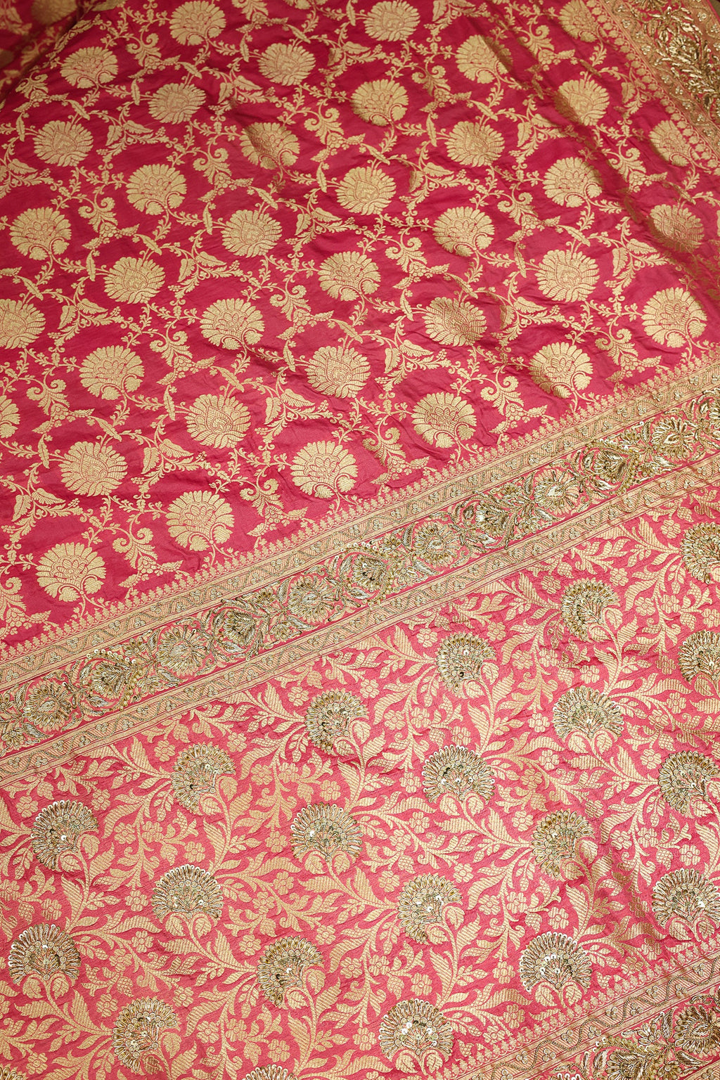 Rose Pink Banarasi Silk Traditional Floral Woven Saree with Beads and Zardosi Work
