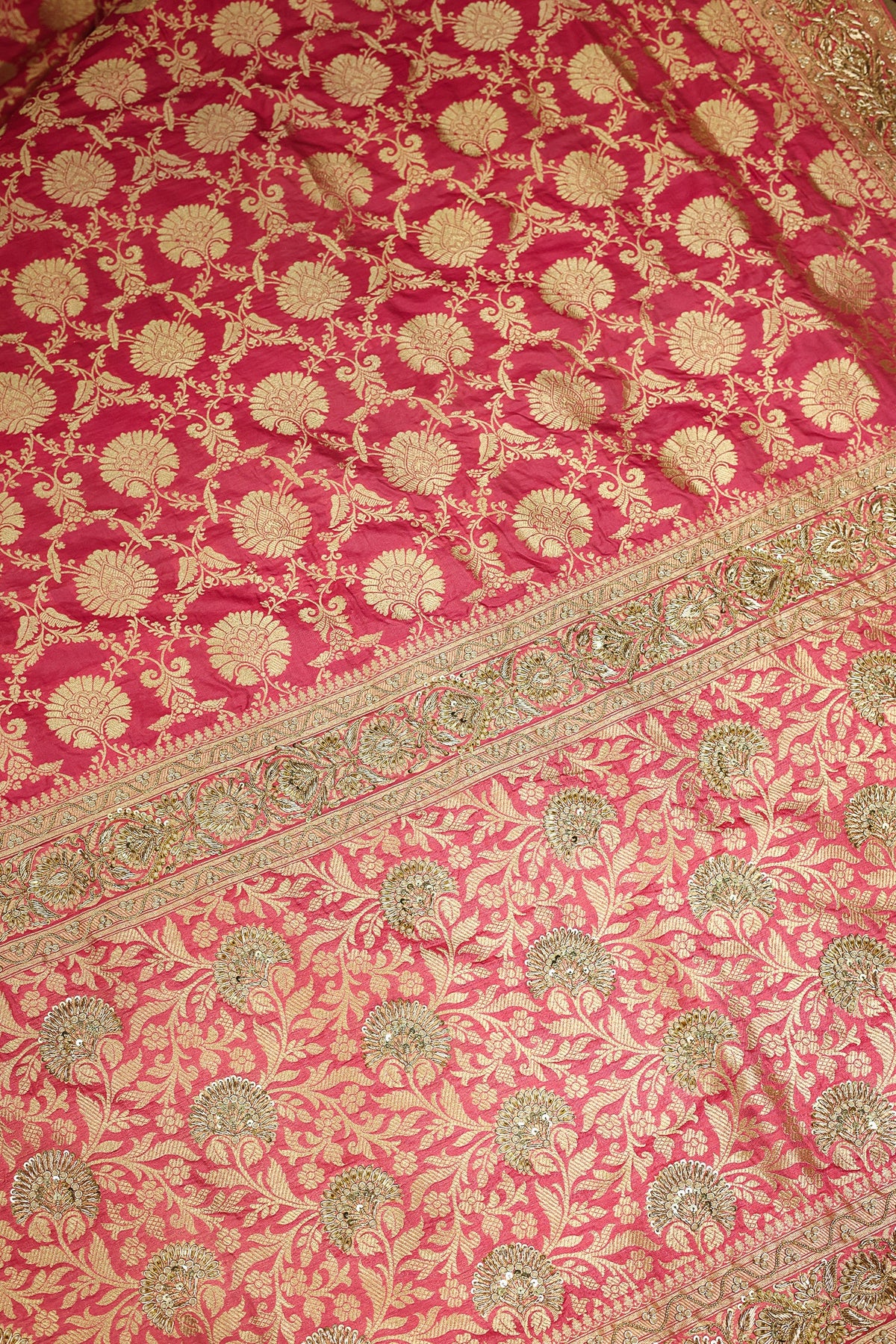Rose Pink Banarasi Silk Traditional Floral Woven Saree with Beads and Zardosi Work
