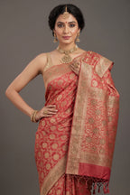 Rose Pink Banarasi Silk Traditional Floral Woven Saree with Beads and Zardosi Work