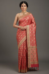 Rose Pink Banarasi Silk Traditional Floral Woven Saree with Beads and Zardosi Work